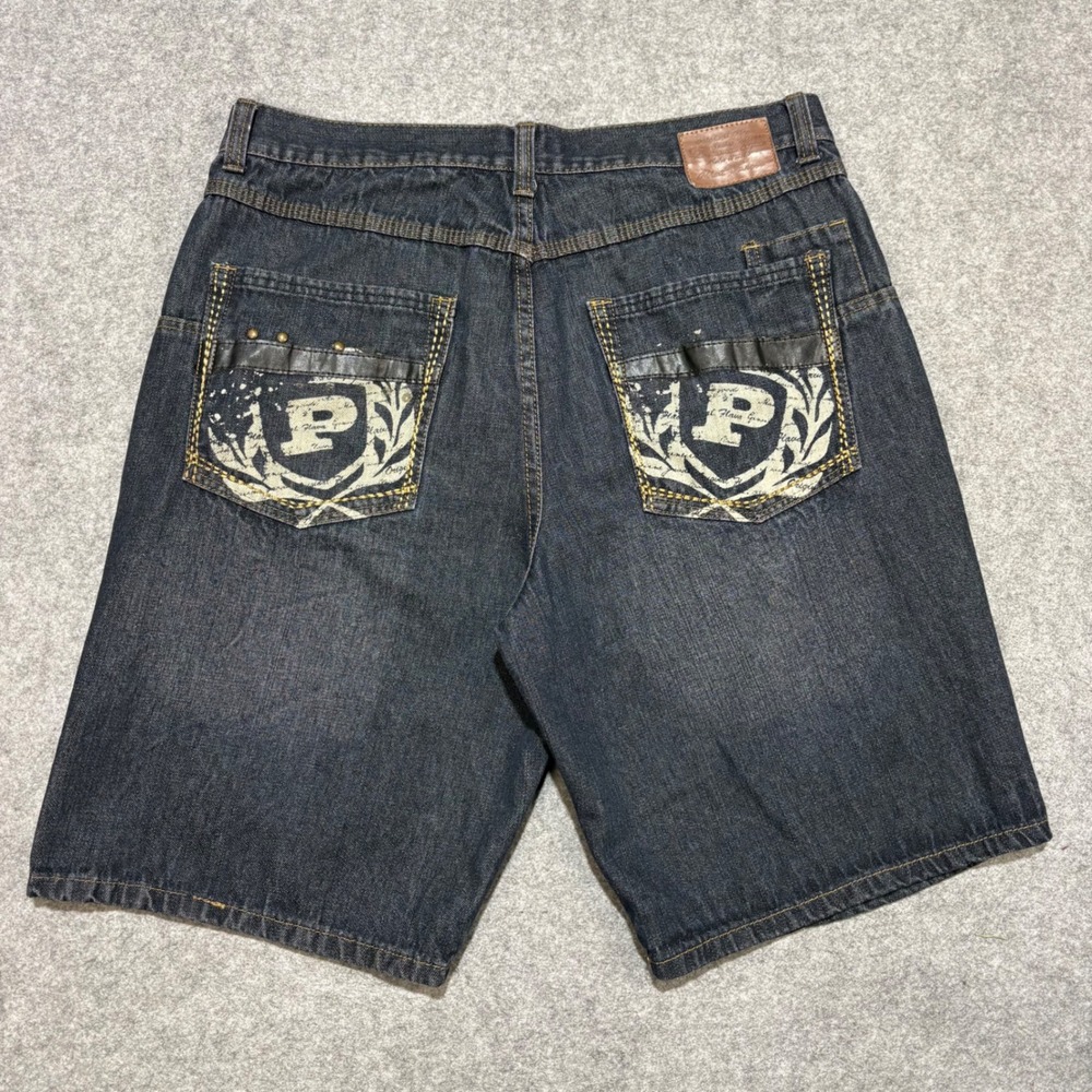 Phat Farm Mens Baggy Denim Shorts Size 36 Dark Wash Y2K Hip Hop Embroidered Logo